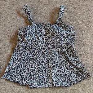 Lands' End Navy Blue and White Floral Tankini Top